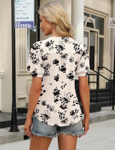 IECCP Womens Tops Puff Short Sleeve Shirts Casual V-Neck Summer Tops Button Down Pleated T-Shirts Loose Fit Tunic Blouses in Kuwait