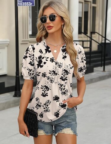 IECCP Womens Tops Puff Short Sleeve Shirts Casual V-Neck Summer Tops Button Down Pleated T-Shirts Loose Fit Tunic Blouses in Kuwait