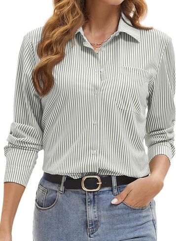 Wrinkle Free Striped Button Down Shirt Women Collared Long Sleeve Blouse Business Work Tops with Pocket in Saudi Arabia