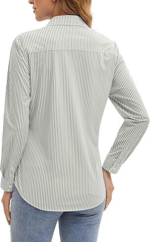 Wrinkle Free Striped Button Down Shirt Women Collared Long Sleeve Blouse Business Work Tops with Pocket in Saudi Arabia