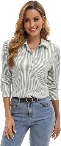 Wrinkle Free Striped Button Down Shirt Women Collared Long Sleeve Blouse Business Work Tops with Pocket in Saudi Arabia