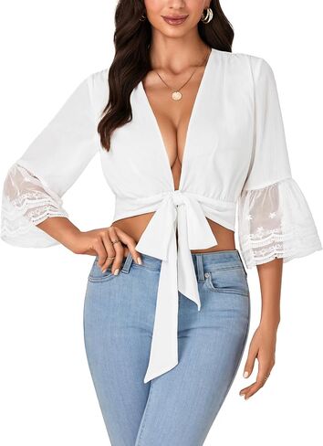 LYANER Women's Sexy Tie Front Shirt Deep V Neck Lace Short Sleeve Wrap Crop Top Blouse in Saudi Arabia
