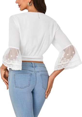 LYANER Women's Sexy Tie Front Shirt Deep V Neck Lace Short Sleeve Wrap Crop Top Blouse in Saudi Arabia
