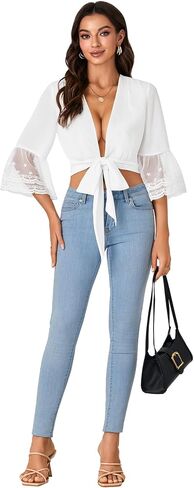 LYANER Women's Sexy Tie Front Shirt Deep V Neck Lace Short Sleeve Wrap Crop Top Blouse in Saudi Arabia
