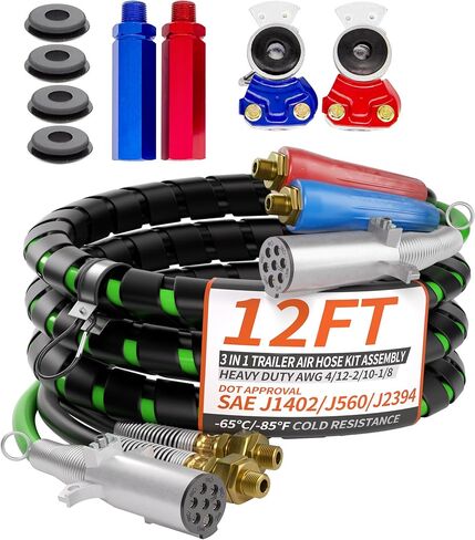 12FT 3 in 1 Trailer Air Line Hose Kit Assembly with Gladhands, Handles, Seals, 7 Way ABS Electrical Power Cable Airline Hose Wrap for Semi Trucks Trailer Tractor in Saudi Arabia