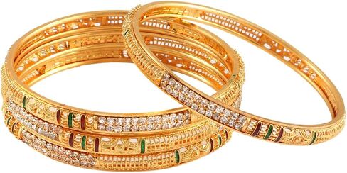 سوار JewarHaat Kada مطلي بالذهب للاستخدام اليومي، تصميم مصنوع يدويًا من مجوهرات Meena Work، أساور هندية للنساء (أحجار مع عمل Meena، 2.4) in Saudi Arabia