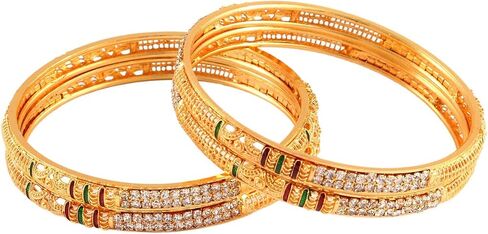 سوار JewarHaat Kada مطلي بالذهب للاستخدام اليومي، تصميم مصنوع يدويًا من مجوهرات Meena Work، أساور هندية للنساء (أحجار مع عمل Meena، 2.4) in Saudi Arabia