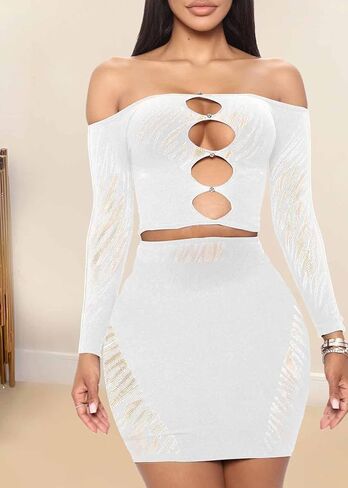 MOEENCN مثير قطعتين الزي شبكة منظور لصق الجوف خارج قبالة الكتف تنورة طويلة الأكمام مجموعات نادي الحفلات الليلية in Kuwait