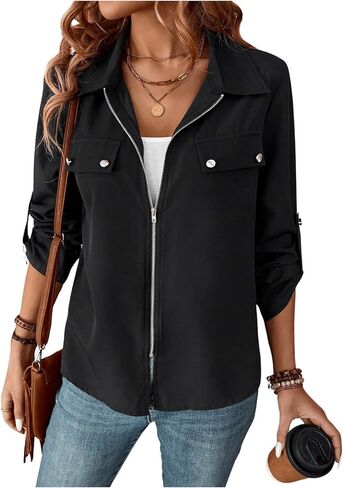 GORGLITTER Women's Zip Up Lightweight Jacket Long Sleeve Casual Bomber Jackets Drawstring Outwear in Saudi Arabia