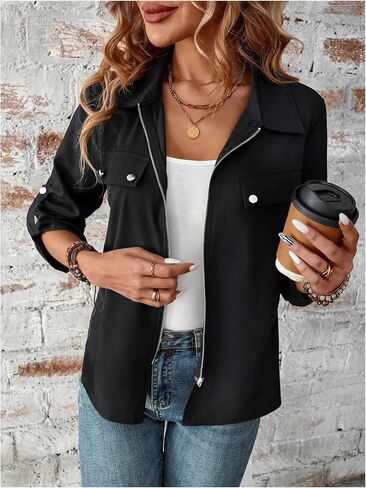 GORGLITTER Women's Zip Up Lightweight Jacket Long Sleeve Casual Bomber Jackets Drawstring Outwear in Saudi Arabia