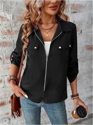GORGLITTER Women's Zip Up Lightweight Jacket Long Sleeve Casual Bomber Jackets Drawstring Outwear in Saudi Arabia