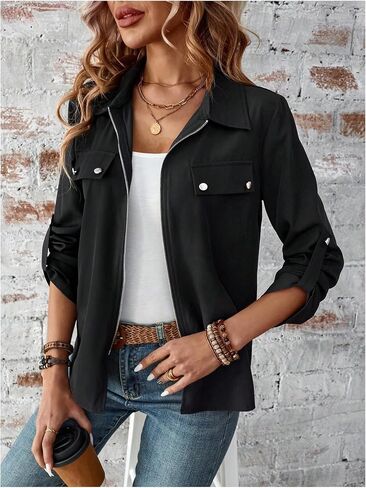 GORGLITTER Women's Zip Up Lightweight Jacket Long Sleeve Casual Bomber Jackets Drawstring Outwear in Saudi Arabia