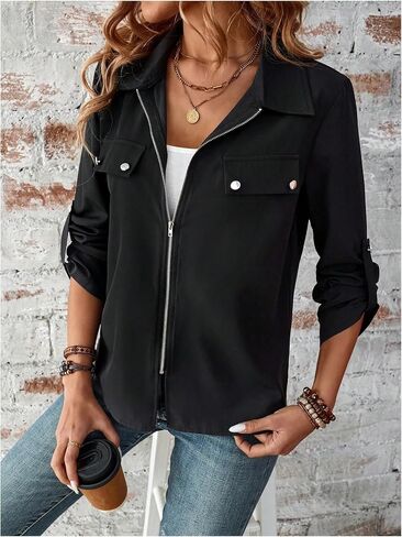 GORGLITTER Women's Zip Up Lightweight Jacket Long Sleeve Casual Bomber Jackets Drawstring Outwear in Saudi Arabia