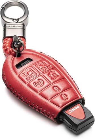 Vitodeco Genuine Leather Smart Key Fob Case Cover Protector with Leather Key Chain Compatible for 2013 - 2020 Dodge Grand Caravan (7-Button, Black/Red) in Kuwait