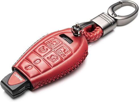Vitodeco Genuine Leather Smart Key Fob Case Cover Protector with Leather Key Chain Compatible for 2013 - 2020 Dodge Grand Caravan (7-Button, Black/Red) in Kuwait