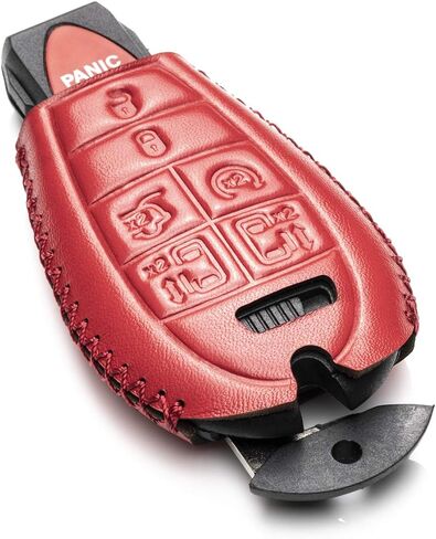 Vitodeco Genuine Leather Smart Key Fob Case Cover Protector with Leather Key Chain Compatible for 2013 - 2020 Dodge Grand Caravan (7-Button, Black/Red) in Kuwait