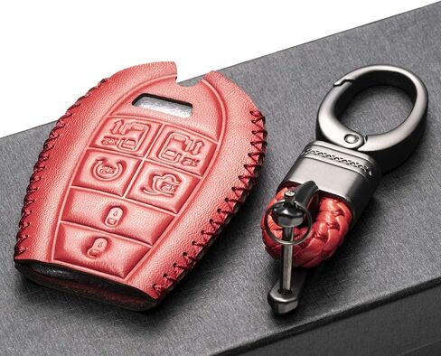 Vitodeco Genuine Leather Smart Key Fob Case Cover Protector with Leather Key Chain Compatible for 2013 - 2020 Dodge Grand Caravan (7-Button, Black/Red) in Kuwait