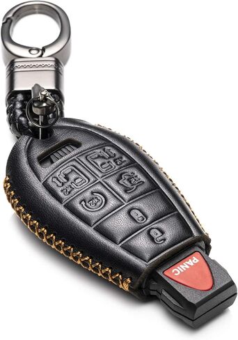 Vitodeco Genuine Leather Smart Key Fob Case Cover Protector with Leather Key Chain Compatible for 2013 - 2020 Dodge Grand Caravan (7-Button, Black/Red) in Kuwait
