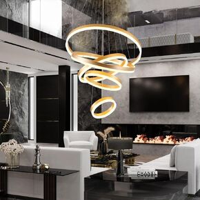 Modern Gold Chandelier 5 Rings Chandelier Dimmable Modern LED Pendant Light, LED Chandelier Lighting Fixture Height Adjustable Ceiling Hanging Modern Chandelier for Dining Room Kitchen
