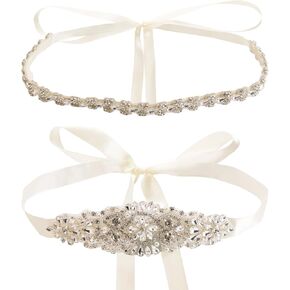 Faux Pearl Rhinestone Wedding Bridal Ribbon Belts Set, 2 Pieces Ivory Ribbon Pearl Beaded Sparkle Sewn Belt for Women Accessories Dress Matching, 2.7 Meters