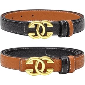 Women Skinny Reversible Leather Belt for Jeans Pants Fashion Ladies ThinWaist Belt for Dresses,0.9" Width with Gold Buckle