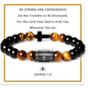 Mens Beaded Bracelets 10mm Natural Lava Rock Stone Black Onyx and Tiger Eyes, Bible Verse Cross Bracelets for Men Christmas Birthday Religious Gifts for Men Father Boyfriend Husband
