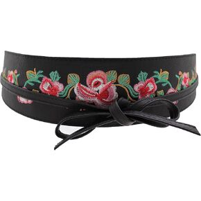 Women Wide Faux Leather Kimono Fashion Wrap Around Tie Belt Waist Flower S M Black