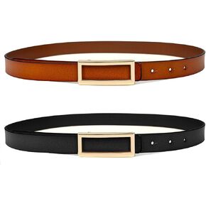 Women's 2 Pack Reversible Leather Belt Thin Waist Belt For Jeans Pants Dresses with Gold Square Buckle
