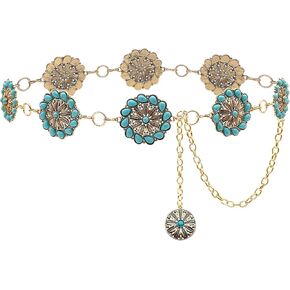 Boho Turquoise Concho Belt Silver Metal Western Turquoise Belts Waist Chain Belt for Women Dress