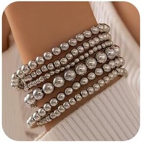 Xerling 6Pcs Silver Beaded Bracelets Light Weight Shiny Beads Ball Bracelets for Women Stretchable Elastic Bracelets Small Stackable Bracelets