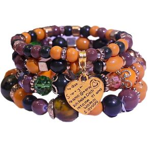 Pingyongchang Bohemian Colorful Stackable Beads Bracelets Set for Women Halloween Multilayer Heart Charm Bracelet Acrylic Orange Black Jewelry Costume Party Favors Gift