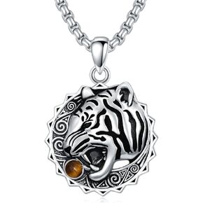 Tiger Necklace for Men 925 Sterling Silver Tiger Eye Pendant Jewelry for Birthday Christmas