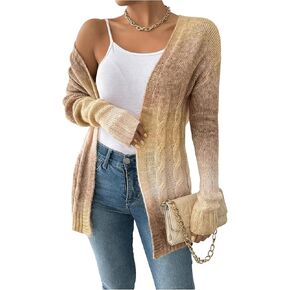 MakeMeChic Women's Open Front Knit Lightweight Cardigan Sweaters Fall Ombre Long Sleeve Cable Knit Outerwear