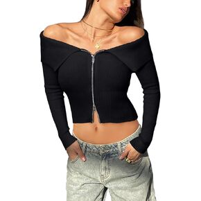 REORIA Womens Y2k Trendy Off The Shoulder Double Zip Up Fall Long Sleeve Cropped Pullover Sweaters Tops