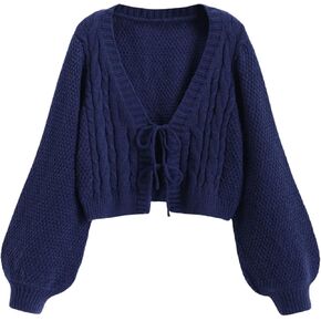 GORGLITTER Women's Cable Knit Tie Front Cardigan Lantern Sleeve V Neck Crop Cardigan Sweater
