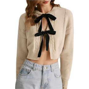 Women's Bow Tie Cardigan Sweater Crew Neck Crop Tops Drop Shoulder Long Sleeve Lightweight Fall Outifit