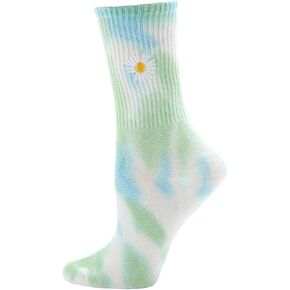 MeMoi Women's Daisy Embroidered Tie Dye Ribbed Crew Socks