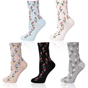 Womens Cute Floral Crew Socks Casual Cotton Socks Cute Fun Novelty Girl Dress Vintage Fancy Socks 5Pack
