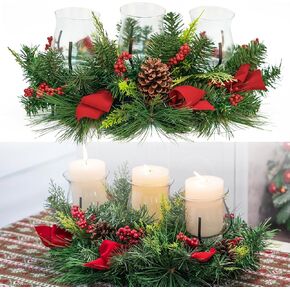 Christmas Candle Holders Set, Candle Holder Table Centerpiece Includes 3 Candle Holders, Red Berries, Pine Cones,Christmas Home Decorations Candle Stand for Fireplace or Table Centerpiece