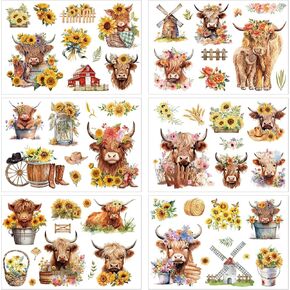 Highland Cow Rub on Transfers - Joybileefun 6 Sheets Sunflower Highland Cow Transfers for Crafts Farm Animals Rub on Transfer Stickers Decor for Furniture Wood Glass Scrapbook Home Decor