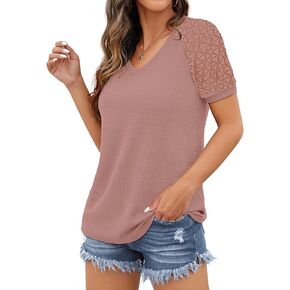 Women's Summer Lace Short Sleeve V Neck Tops Shirt Loose Casual Waffle Tee Blouse