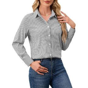 YAMANMAN Women's Striped Button Down Shirts Casual Long Sleeve Stylish Collared Blouses V Neck Work Office Tops