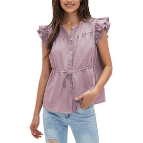 بلوزات نسائية بأزرار للأسفل من EXLURA بأكمام قصيرة وفتحة رقبة دائرية 2025 قطع علوية صيفية برباط بيبلوم قمصان عمل أنيقة in Kuwait