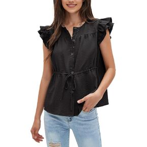 EXLURA Womens Button Down Blouses Casual Ruffle Cap Sleeve Crewneck 2025 Summer Tops Peplum Drawstring Dressy Work Shirts