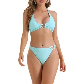Women's Ribbed Textured Halter Bikini Set, 2 Pieces Cute Heart Ring Triangle Bottoms Swimwear Bathing Suits