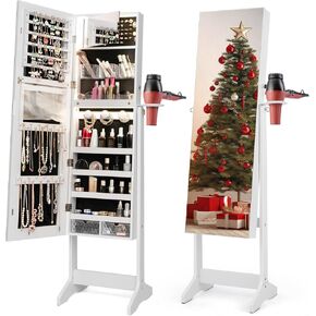 CHARMAID Jewelry Cabinet Armoire with Full Length Mirror, Flip-open Vanity Mirror, 3 Color LED Lights, Hair Dryer Holder, Lockable Standing Jewelry Organizer with Storage Shelves Drawers (Black)