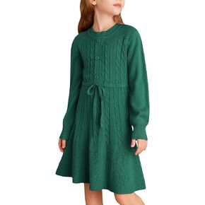GRACE KARIN Girls Sweater Dress Fall Winter Long Sleeve Kids Fashion Drawstring Waist Cable Knit Dresses Size 5-12