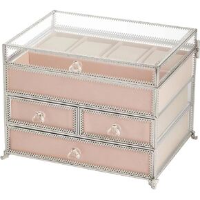 Hersoo Jewelry Box Mirrored Watch Organizer Necklace Ring Earring Storage/Glass Jewelry Organizer Stand /3 Layer 4 Drawers with Removable Pink Velvet Display