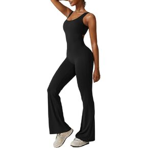 Yknktstc Womens Sleeveless Flare Jumpsuits Sexy Backless Tank Tops Bodycon Scrunch Butt Yoga Rompers V Back Catsuit