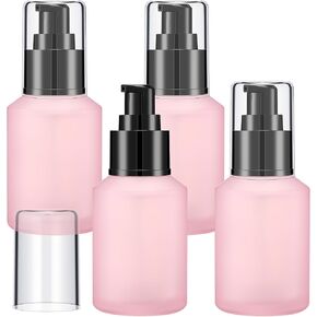 4 Pcs 60ml/2oz Empty Refillable Pink Frosted Glass Creams Lotions Bottles with Pump Vial Cosmetic Dispenser Jars Makeup Emulsion Liquids Storage Container Portable Travel Bottle Cosmetic Container